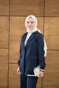 Çizgi Ribanalı Blazer Ceketli Takım Lacivert