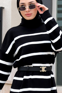 Çizgili Balıkçı Yaka Triko Elbise Siyah