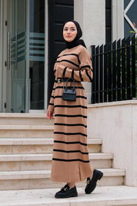 Çizgili Balıkçı Yaka Triko Elbise Vizon