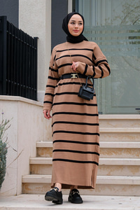 Çizgili Balıkçı Yaka Triko Elbise Vizon
