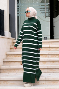 Çizgili Balıkçı Yaka Triko Elbise Zümrüt Yeşil