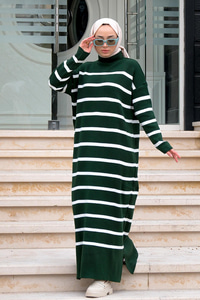 Çizgili Balıkçı Yaka Triko Elbise Zümrüt Yeşil