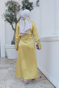 Çizgili Bel Bağlamalı Elbise Yağ Yeşil