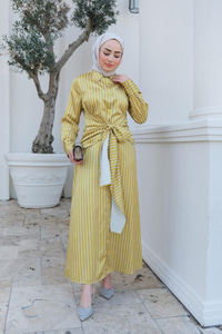 Çizgili Bel Bağlamalı Elbise Yağ Yeşil