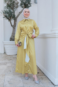 Çizgili Bel Bağlamalı Elbise Yağ Yeşil