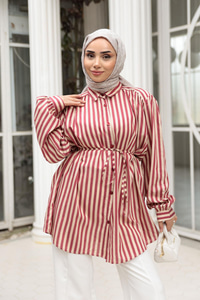 Çizgili Bel Bağlamalı Gömlek Kırmızı