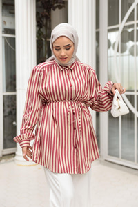 Çizgili Bel Bağlamalı Gömlek Kırmızı