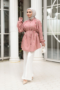 Çizgili Bel Bağlamalı Gömlek Kırmızı