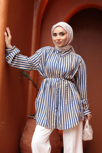 Çizgili Bel Bağlamalı Gömlek Mavi