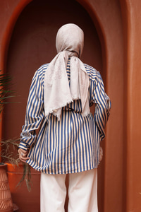 Çizgili Bel Bağlamalı Gömlek Mavi