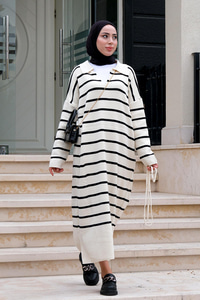 Çizgili Bel Bağlamalı Triko Elbise Beyaz-Siyah