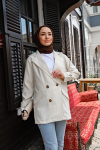 Çizgili Blazer Ceket  Krem