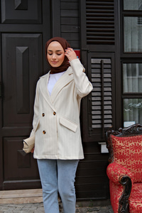 Çizgili Blazer Ceket  Krem