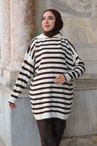 Çizgili Boğazlı Triko Kazak Kahverengi