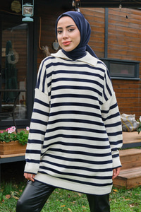 Çizgili Boğazlı Triko Kazak Lacivert