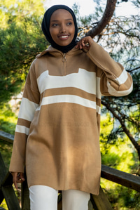 Uygun Fiyatlı CIZGILI FERMUAR DETAYLI TRIKO TUNIK VIZON | Loccomoda.com 