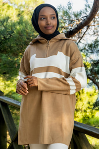 Uygun Fiyatlı CIZGILI FERMUAR DETAYLI TRIKO TUNIK VIZON | Loccomoda.com 