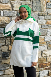 Uygun Fiyatlı CIZGILI FERMUAR DETAYLI TRIKO TUNIK YESIL | Loccomoda.com 