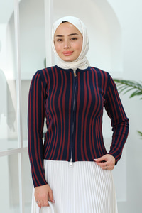 Çizgili Fermuarlı Hırka Bordo