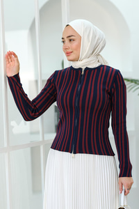 Çizgili Fermuarlı Hırka Bordo