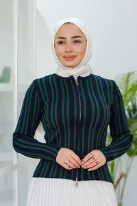 Çizgili Fermuarlı Hırka Yeşil