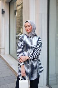 Çizgili Melanj Gömlek Lacivert