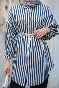 Çizgili Melanj Gömlek Lacivert