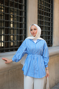 Çizgili Poplin Gömlek Mavi