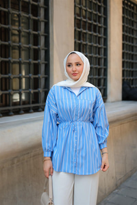 Çizgili Poplin Gömlek Mavi