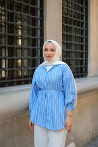 Çizgili Poplin Gömlek Mavi