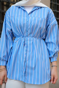 Çizgili Poplin Gömlek Mavi
