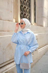 Çizgili Poplin Gömlek Mavi