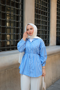 Çizgili Poplin Gömlek Mavi