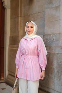 Çizgili Poplin Gömlek Pembe