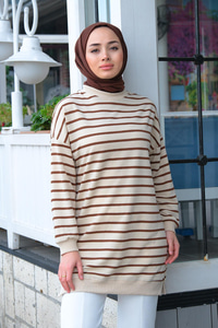 Çizgili Salaş Tunik Kahverengi