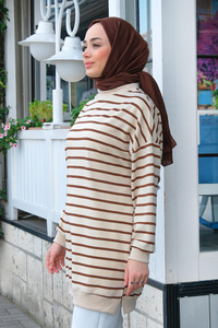 Çizgili Salaş Tunik Kahverengi