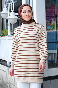 Çizgili Salaş Tunik Kahverengi
