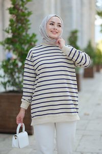 Çizgili Salaş Tunik  Lacivert
