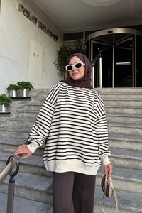 Çizgili Şardonlu Sweat Kahverengi