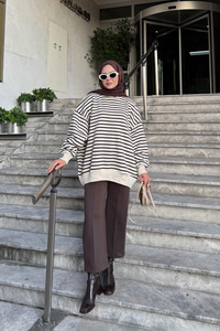 Çizgili Şardonlu Sweat Kahverengi