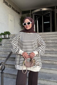 Çizgili Şardonlu Sweat Kahverengi