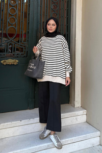 Çizgili Şardonlu Sweat Siyah