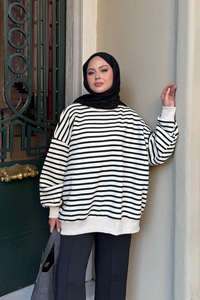 Çizgili Şardonlu Sweat Siyah