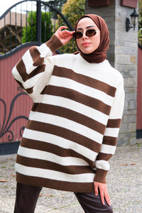 Çizgili Triko Kazak Acı Kahve