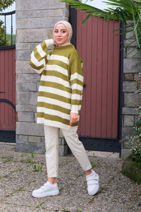 Çizgili Triko Kazak Fıstık Yeşil