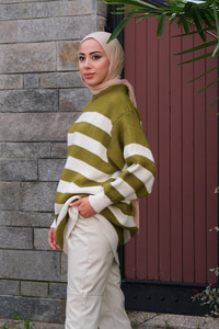 Çizgili Triko Kazak Fıstık Yeşil