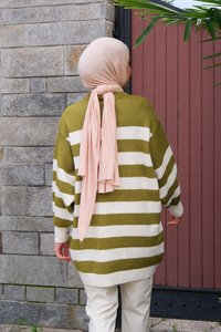 Çizgili Triko Kazak Fıstık Yeşil