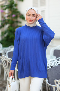 Çizgili Triko Kazak Saks Mavi