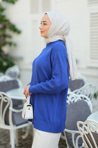 Çizgili Triko Kazak Saks Mavi