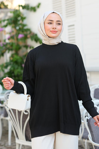 Çizgili Triko Kazak Siyah